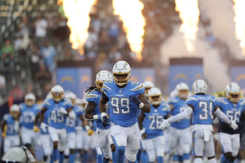 Los Angeles Chargers defensive tackle Jerry Tillery (99) before a preseason NFL football game against the Seattle Seahawks Saturday, Aug. 24, 2019, in Carson, Calif. (AP Photo/Gregory Bull)