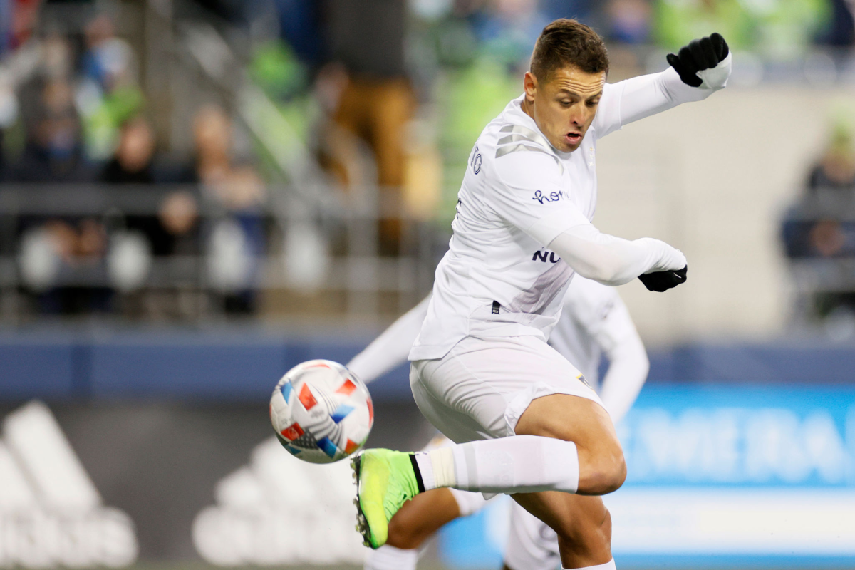 Javier “Chicharito” Hernández kicks the ball during a game against Seattle.