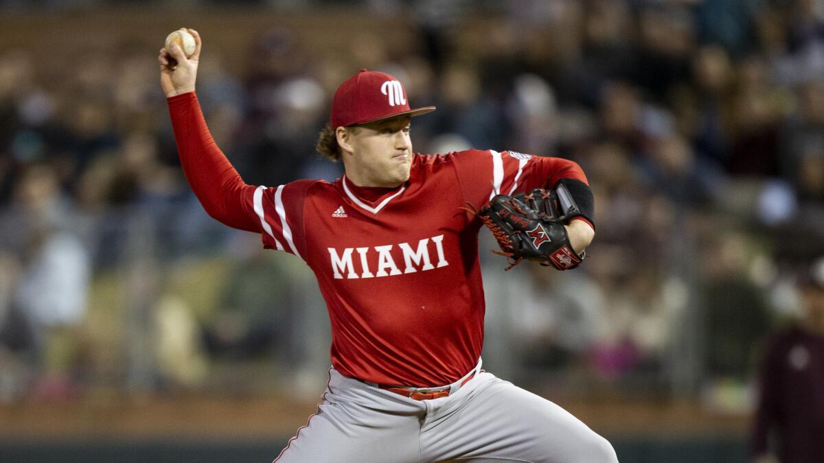 The Angels picked Sam Bachman ninth overall in Sunday's MLB Draft. (AP Photo/Sam Craft)