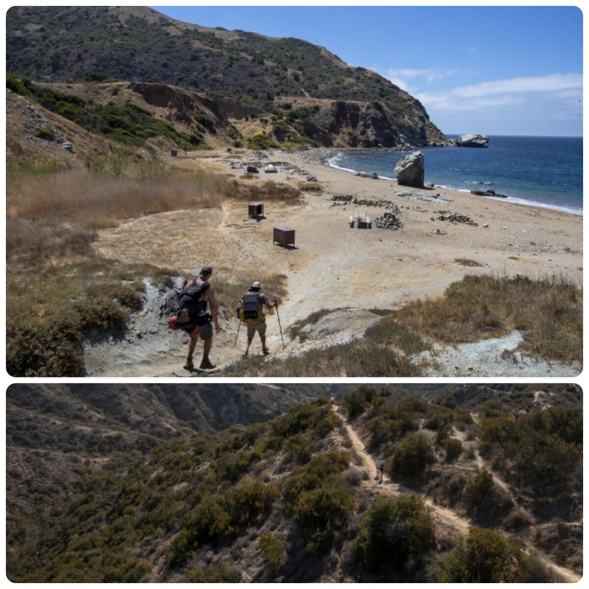 Hikers approach a small, sandy beach and a inland hiking trail.