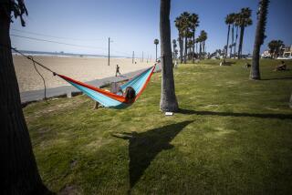 HUNTINGTON BEACH, CALIF. -- THURSDAY, APRIL 2, 2020: Kylie Wortham, 18, of Huntington Beach, who was laid off when her entire company was closed due to Coronavirus social distancing rules, relaxes with a book in a hammock overlooking the beach in Huntington Beach Thursday, April 2, 2020. The pier, beach parking lots and most shops are closed due to state-mandated Coronavirus social distancing rules. The area is normally teeming with spring break visitors. (Allen J. Schaben / Los Angeles Times)