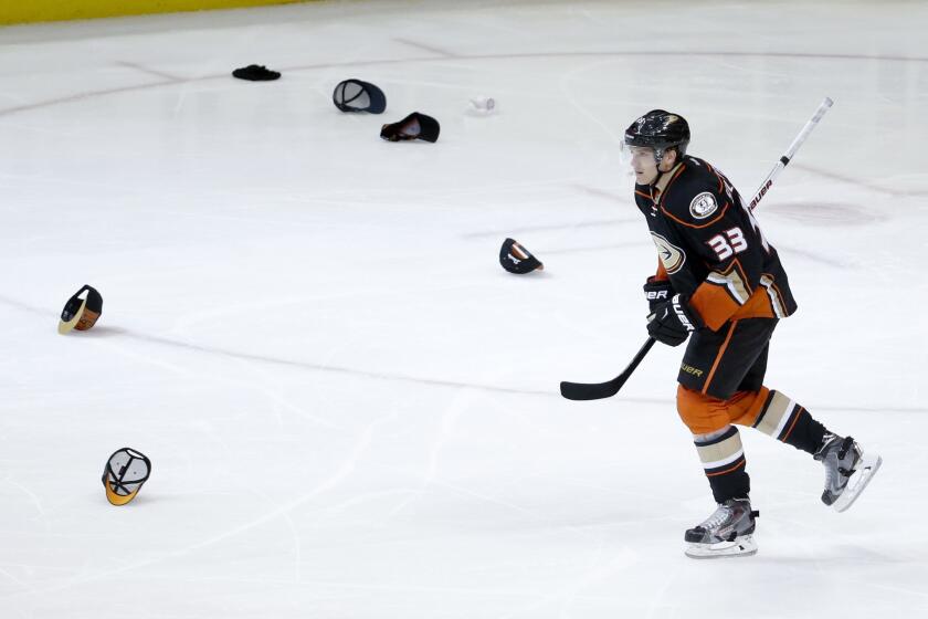 Ducks left wing Jakob Silfverberg celebrates his first career hat trick after his goal in the third period against the New Jersey Devils at Honda Center on March 14.