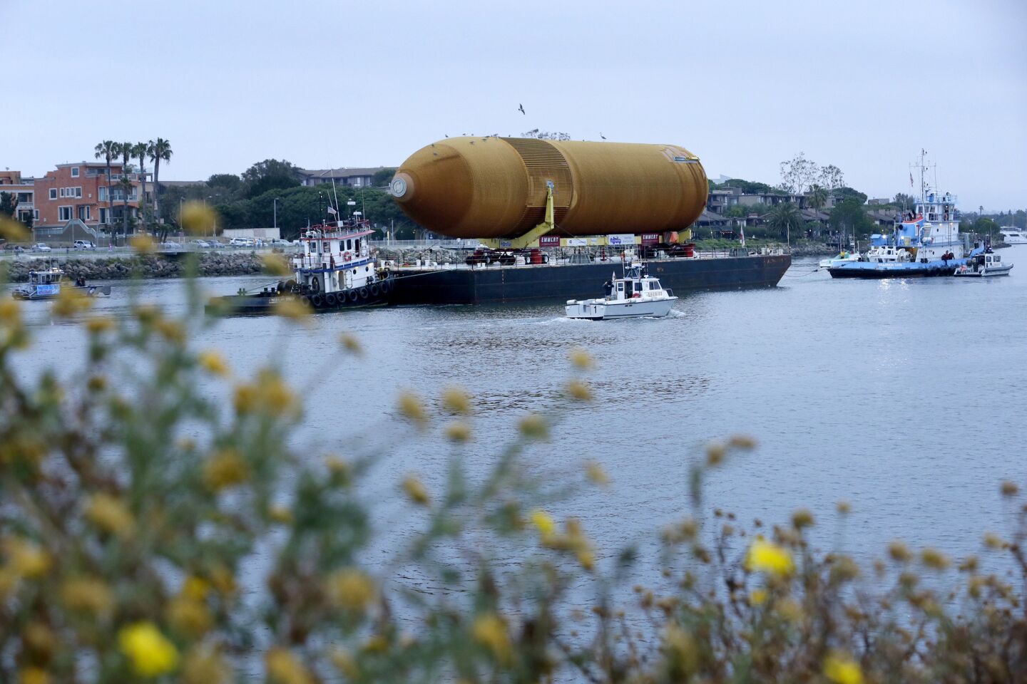 The space shuttle external fuel tank ET-94 arrives in Marina del Rey, on its way to the California Science Center.