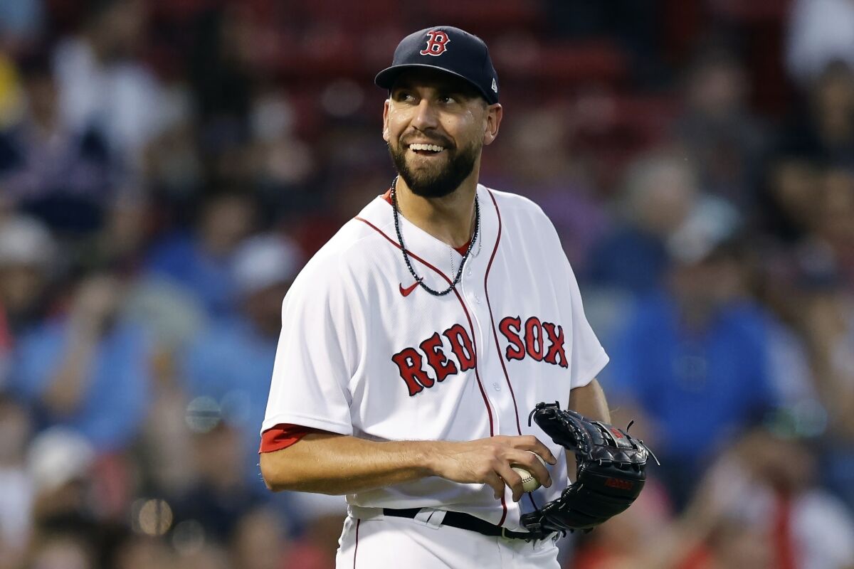 FILE - Boston Red Sox's Matt Barnes reacts after loading the bases during the ninth inning of a baseball game against the Texas Rangers, Sept. 3, 2022, in Boston. The Miami Marlins acquired reliever Barnes in a trade with the Boston Red Sox on Monday, Jan 30, 2023. (AP Photo/Michael Dwyer, File)
