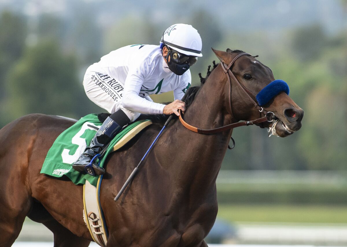 Life Is Good, with jockey Mike Smith aboard, wins the Grade 3, $100,000 Sham Stakes on Jan. 2, 2021, at Santa Anita.