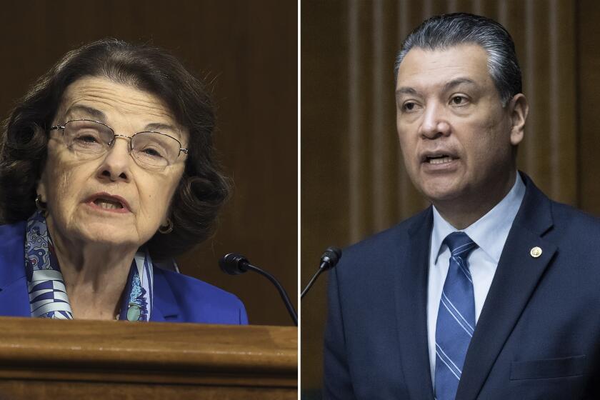 Left, Sen. Dianne Feinstein, D-Calif., speaks during a Senate Appropriations Committee hearing on Capitol Hill, Tuesday, April 20, 2021 in Washington. Right, Sen. Alex Padilla, D-Calif., speaks during a hearing of the Senate Health, Education, Labor and Pensions Committee on Capitol Hill, in Washington.