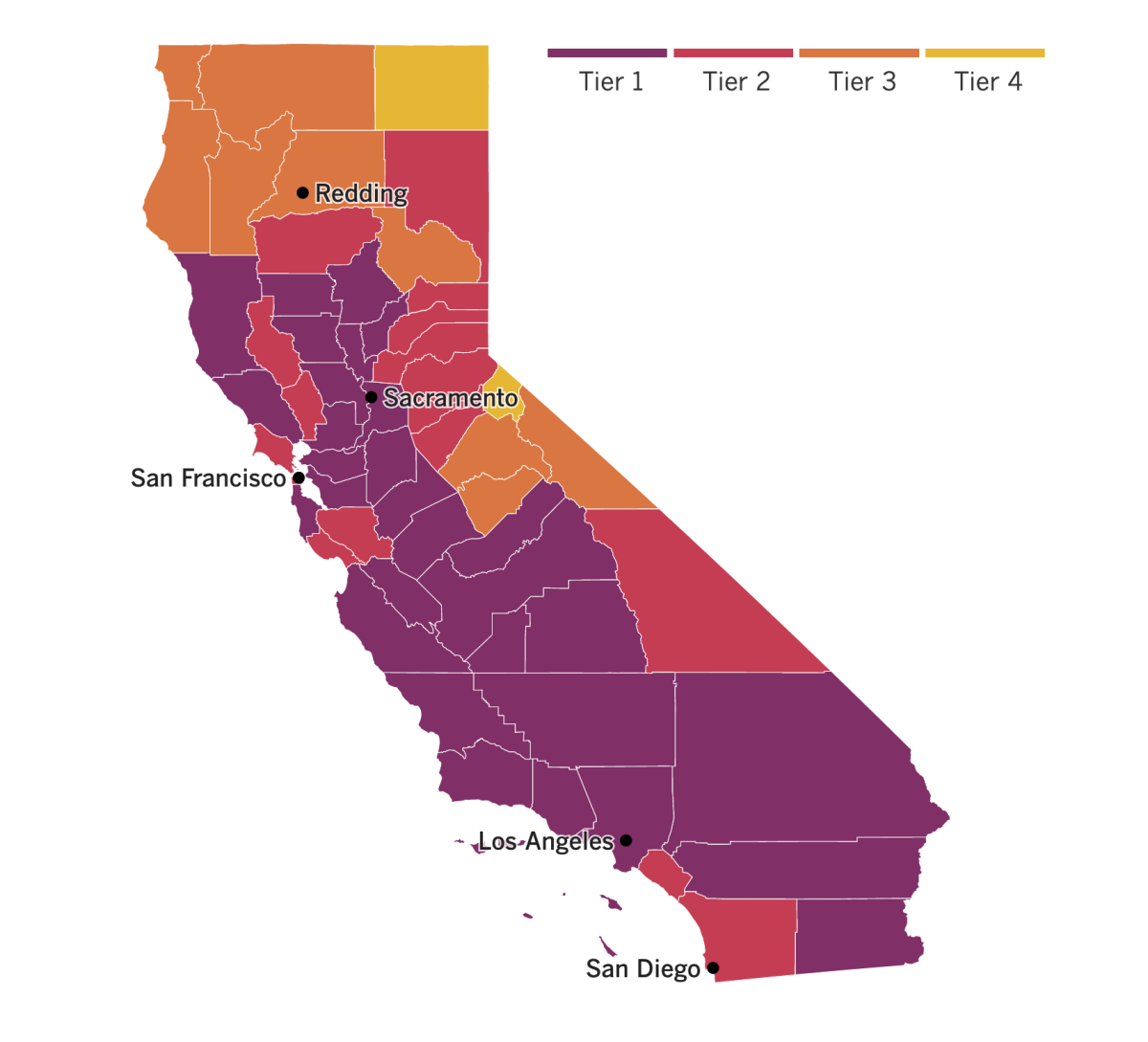 A map of California showing the tiers to which counties have been assigned based on their local level of coronavirus risk.