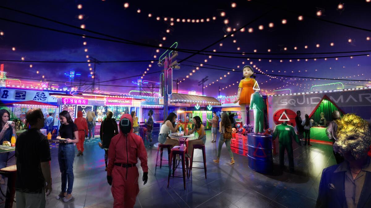 An artist's rendering of the night market from Squid Game: The Trials, featuring costumed actors, neon, and food stalls.