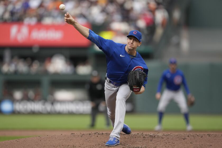 Chicago Cubs pitcher Kyle Hendricks works against the San Francisco Giants during the third inning of a baseball game in San Francisco, Saturday, June 10, 2023. (AP Photo/Jeff Chiu)