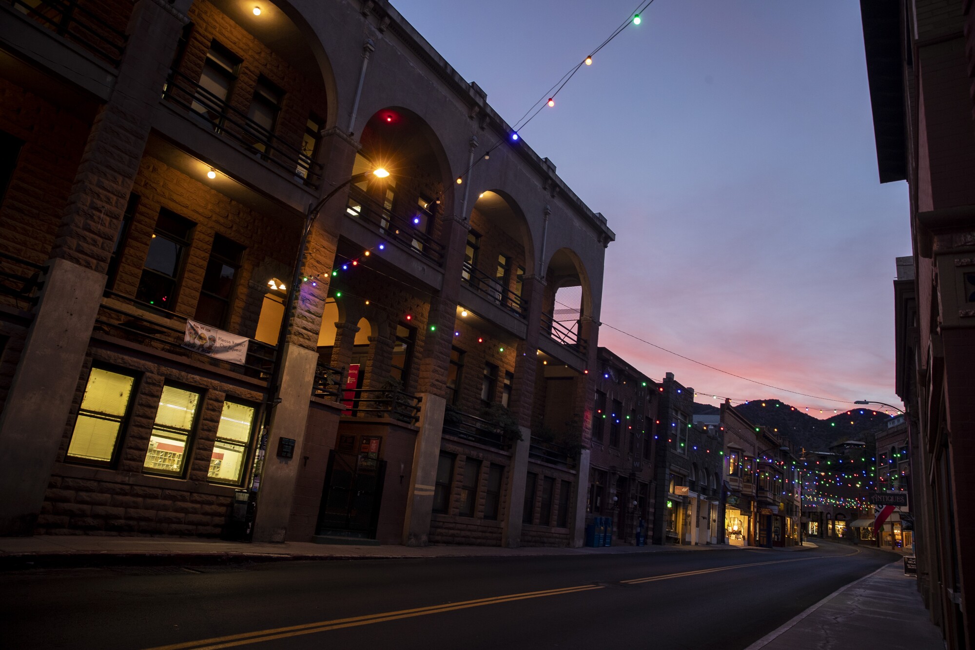 Main Street in downtown Bisbee is deserted Sunday evening in Bisbee, AZ.