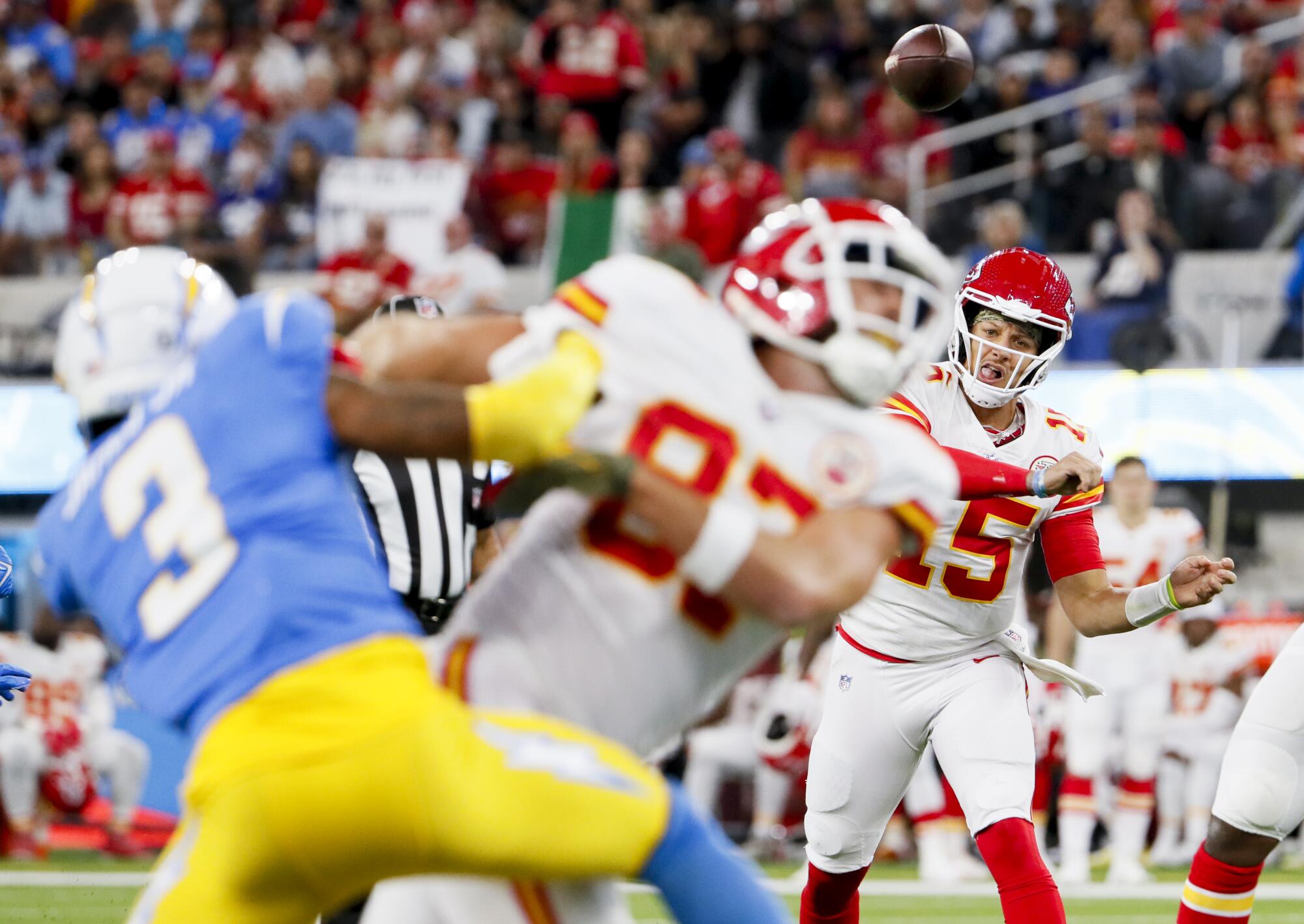 Kansas City Chiefs quarterback Patrick Mahomes throws an incomplete pass.