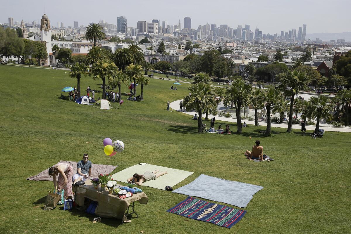 Dolores Park on a May afternoon. The park was littered with trash following an event over the weekend.
