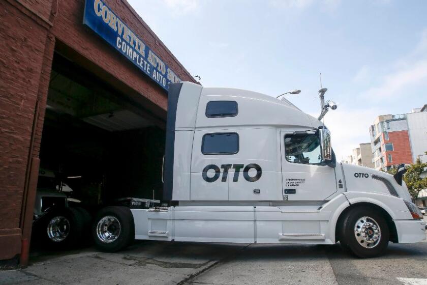 An Otto self-driving truck leaves for a test drive in San Francisco in August.