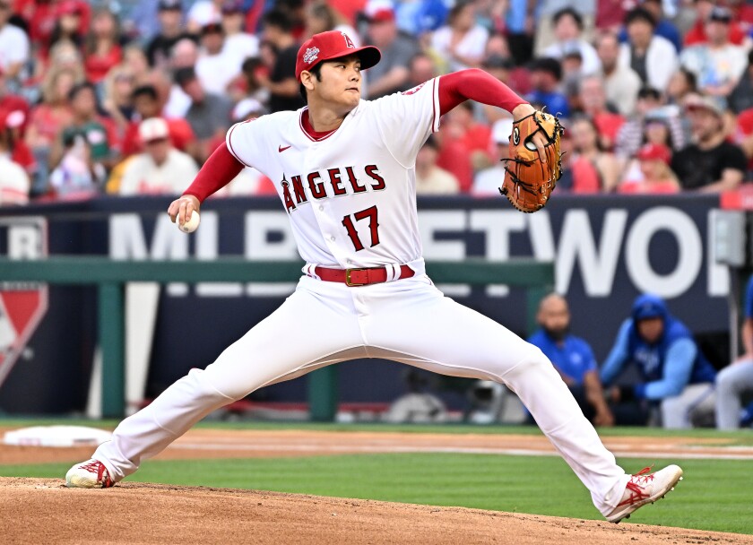 Angels pitcher Shohei Ohtani throws a pitch against the Kansas City Royals.