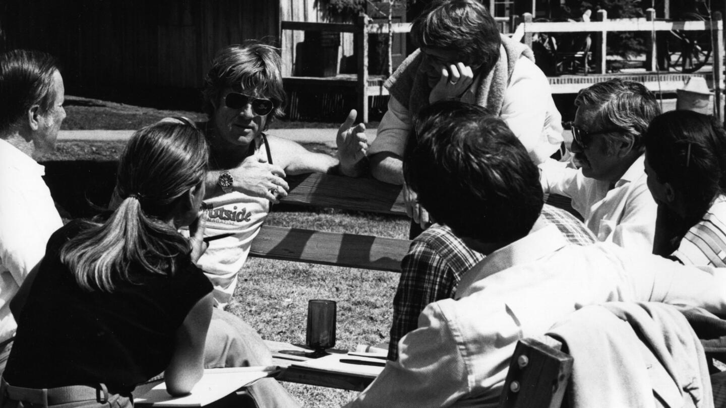 Robert Redford, left in sunglasses, Executive Director Sterling Van Wagenen and other Lab participants at first June Directors Lab in 1981.