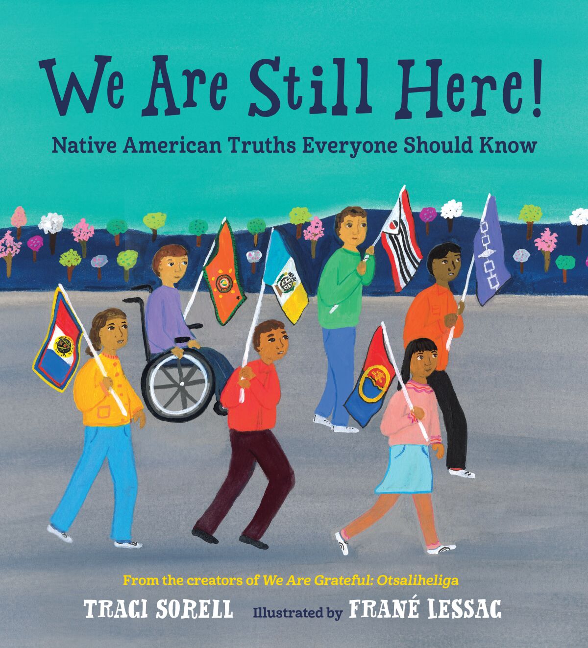 picture of an illustrated children's book cover for with six kids holding flags outside. 