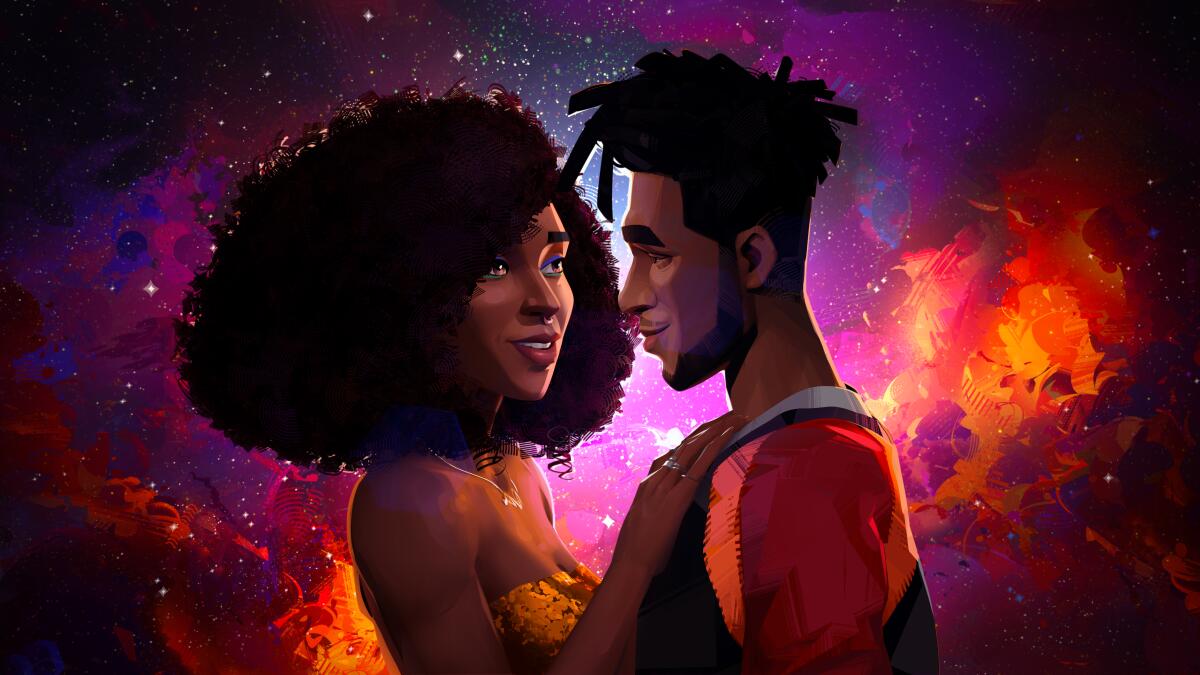 Meadow and Jabari embrace in the animated "Entergalactic."