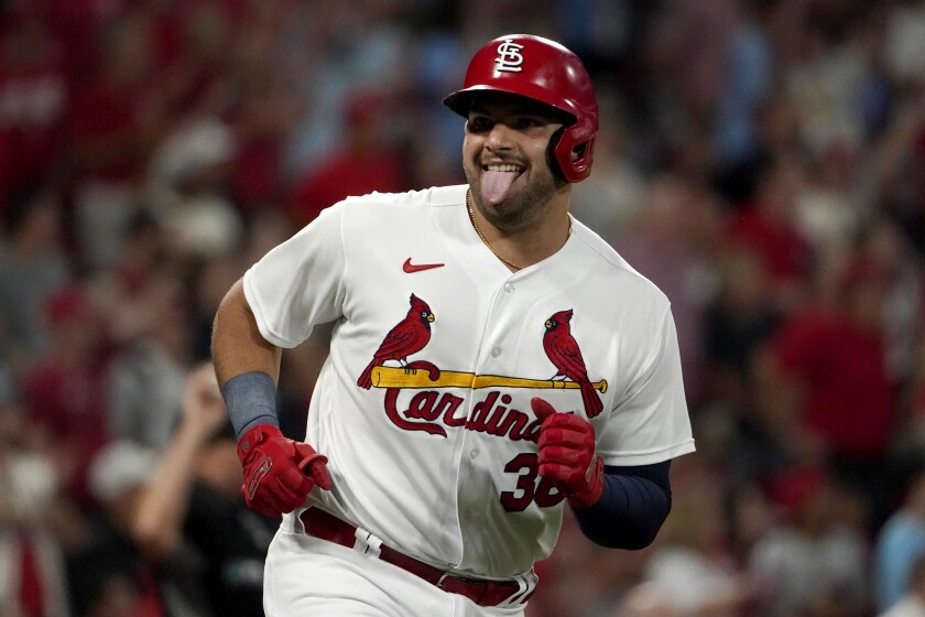 St. Louis Cardinals' Juan Yepez celebrates as he rounds the bases after hitting a two-run home run during the sixth inning of a baseball game against the Miami Marlins Monday, June 27, 2022, in St. Louis. (AP Photo/Jeff Roberson)