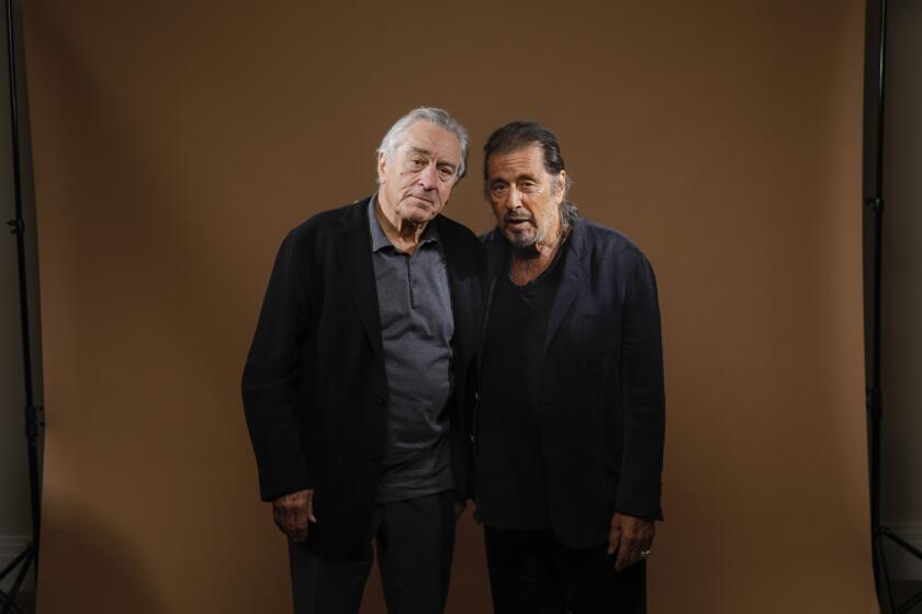 WEST HOLLYWOOD, CA --NOVEMBER 15, 2019—Actors Robert De Niro and Al Pacino are photographed in promotion of their film, “The Irishman,” at The London hotel, in West Hollywood, CA, Nov 15, 2019. De Niro plays a hitman who ends up working for legendary teamster and mob boss Jimmy Hoffa, played by Pacino. (Jay L. Clendenin / Los Angeles Times)