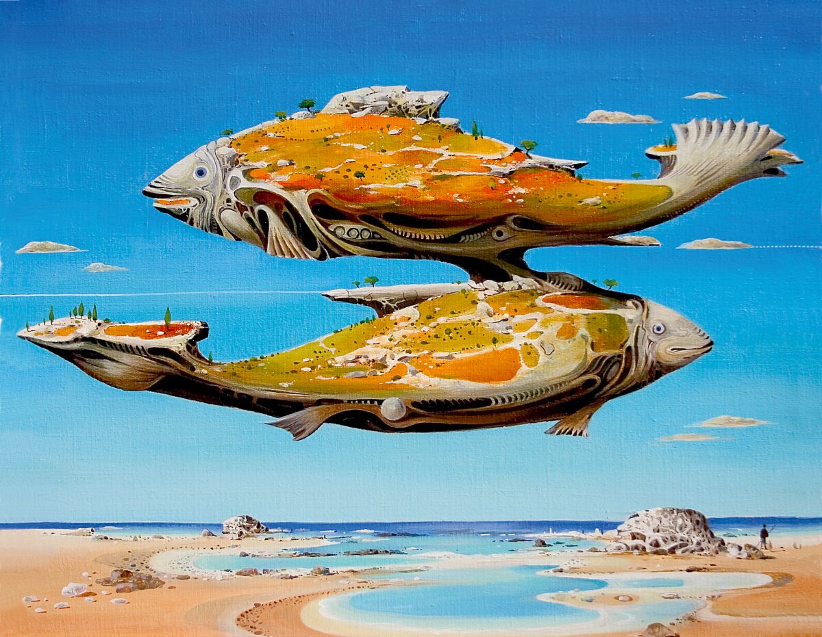 A surreal image of fish floating in air from "Astrology: The Library of Esoterica." Vasko Taškovski, Pisces, Macedonia 1998.