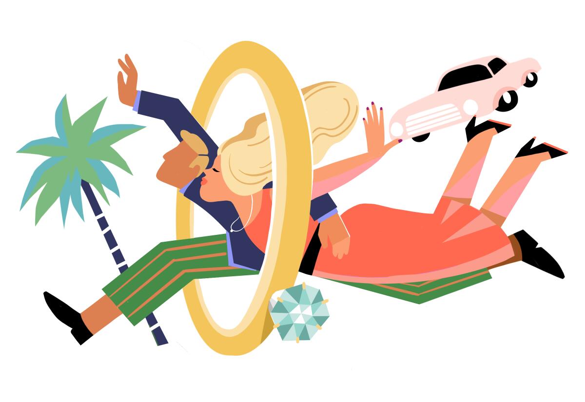 Illustration of a couple happily jumping through a wedding ring.