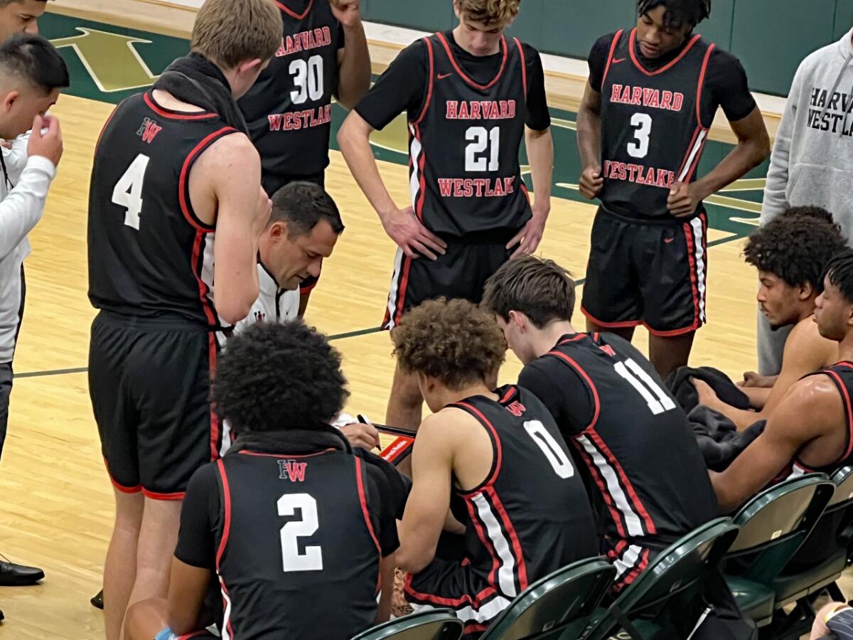 Harvard-Westlake coach David Rebibo talks to his team during timeout.