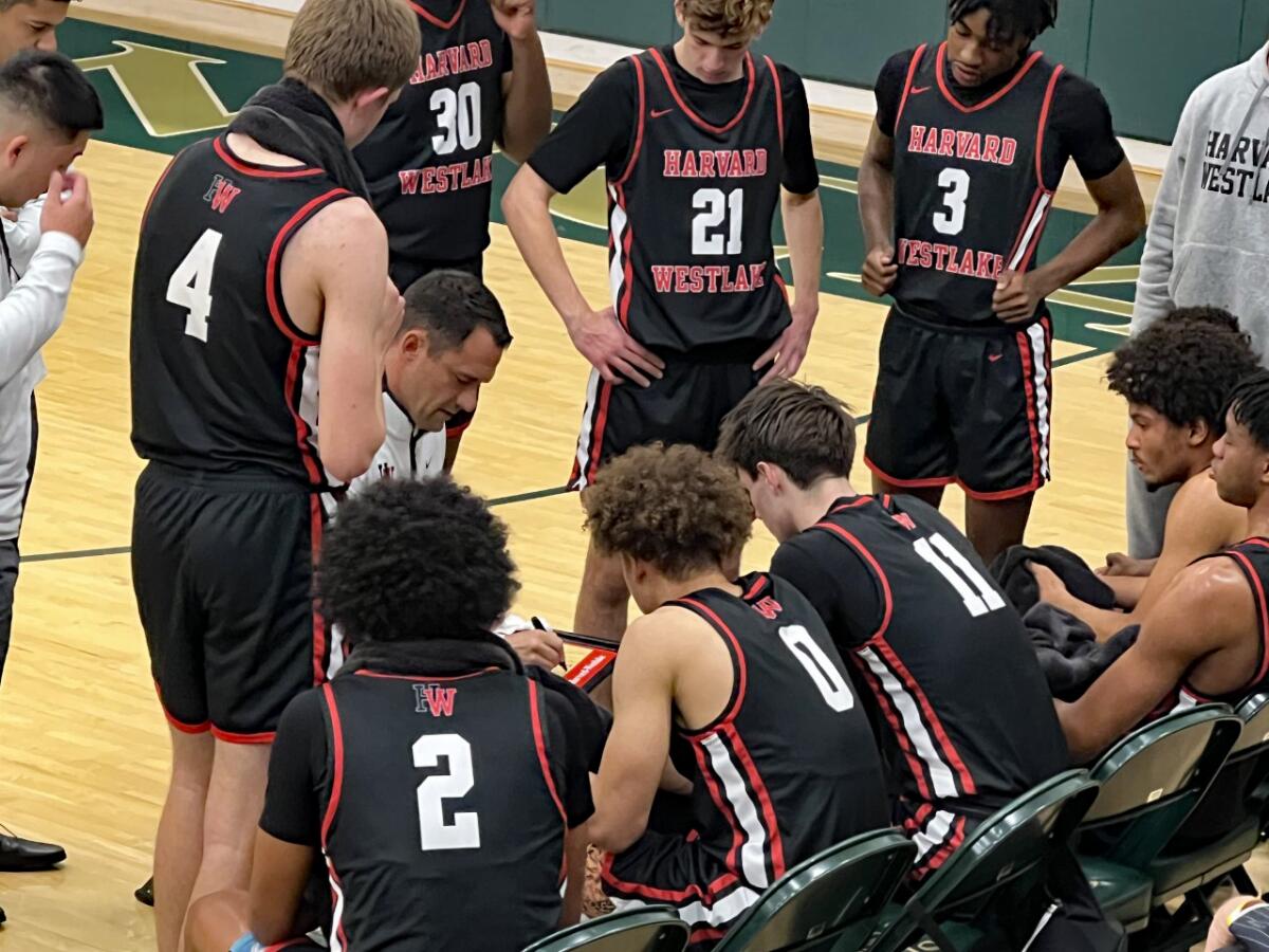 Harvard-Westlake coach David Rebibo talks to his team during timeout. 