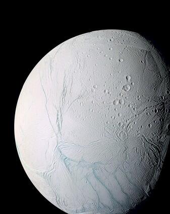 This 09 March, 2006 NASA Cassini space probe mosaic image shows Saturn's moon Enceladus.