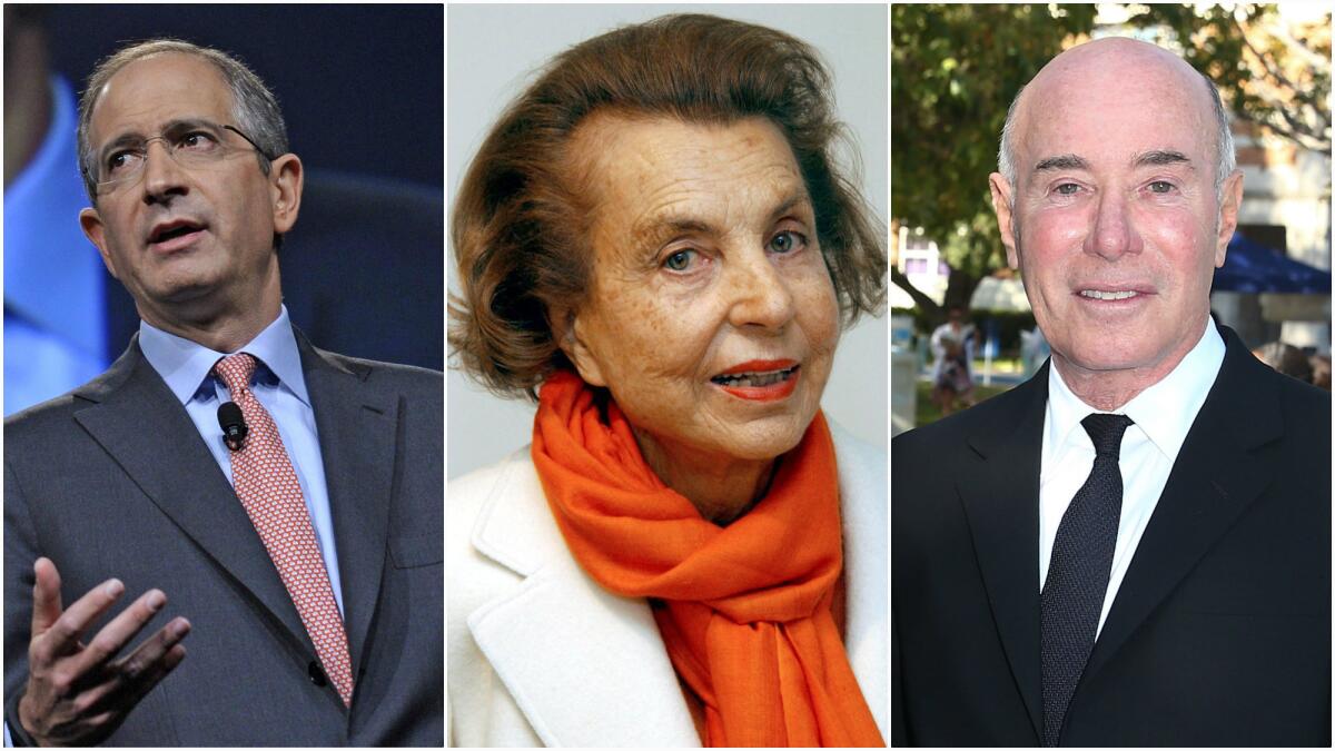 Vanity Fair's recently released list of best-dressed billionaires includes, from left, Comcast CEO Brian Roberts (shown in 2013), L'Oreal scion Liliane Bettencourt (in 2004) and media mogul David Geffen (pictured at UCLA last month).