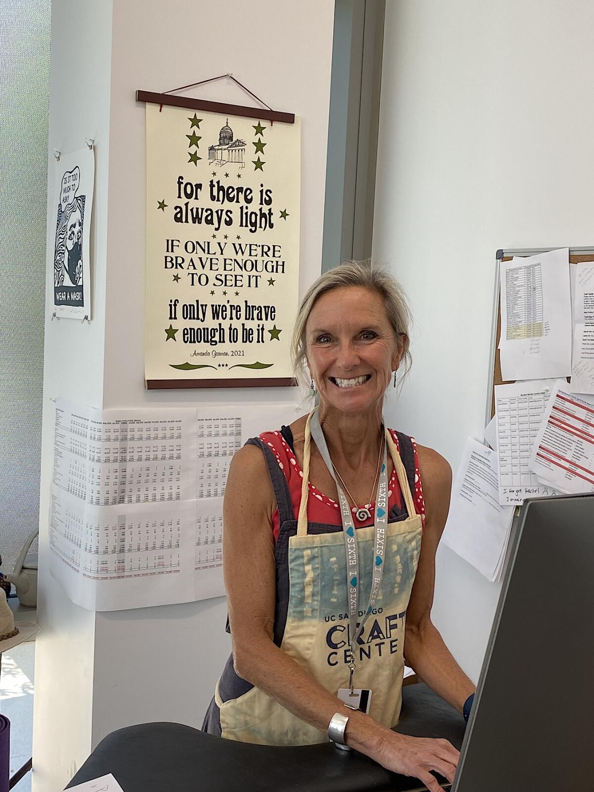 Annika Nelson at her desk, where she rarely stays for long.