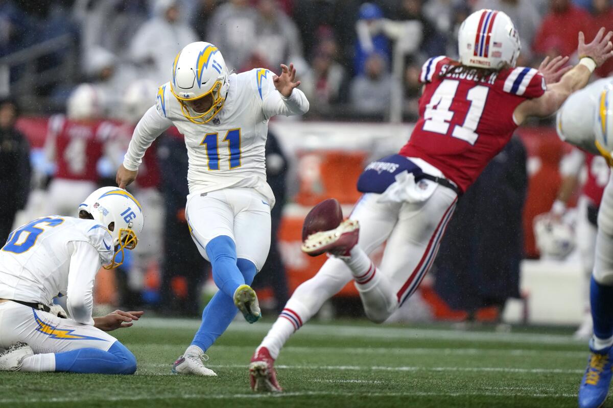 The Chargers' Cameron Dicker kicks a field goal against the New England Patriots.