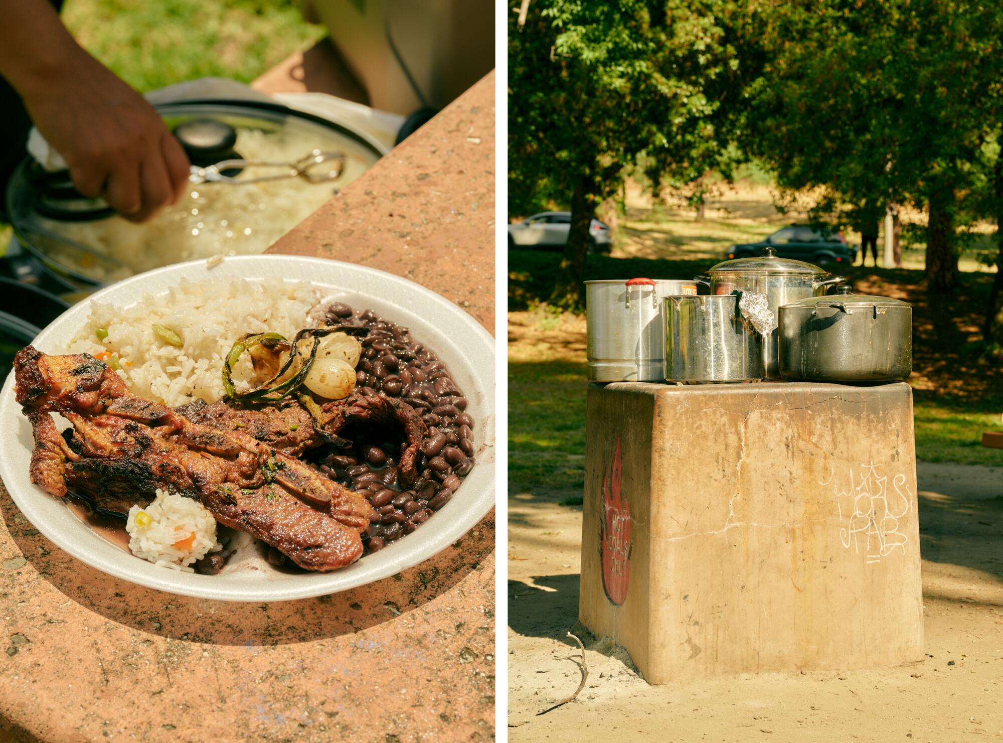 Two photos showing a plate of carne asada and a bunch of pots on an outdoor grill