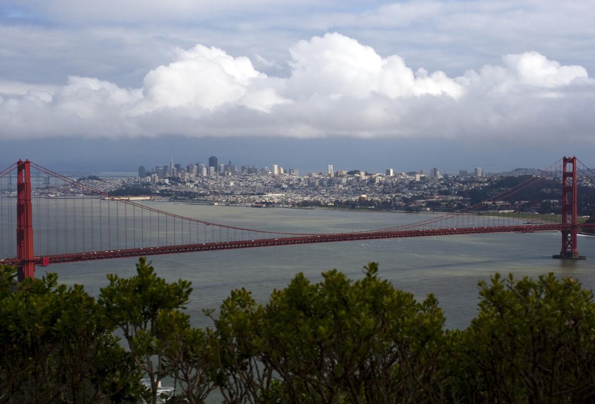 A view of the Golden Gate Bridge, San Francisco Bay and the San Francisco skyline. 