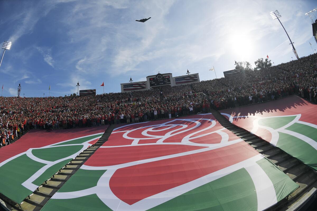 The Rose Bowl logo is seen during a flyover before the Rose Bowl game between Utah and Ohio State on Jan. 1 in Pasadena.