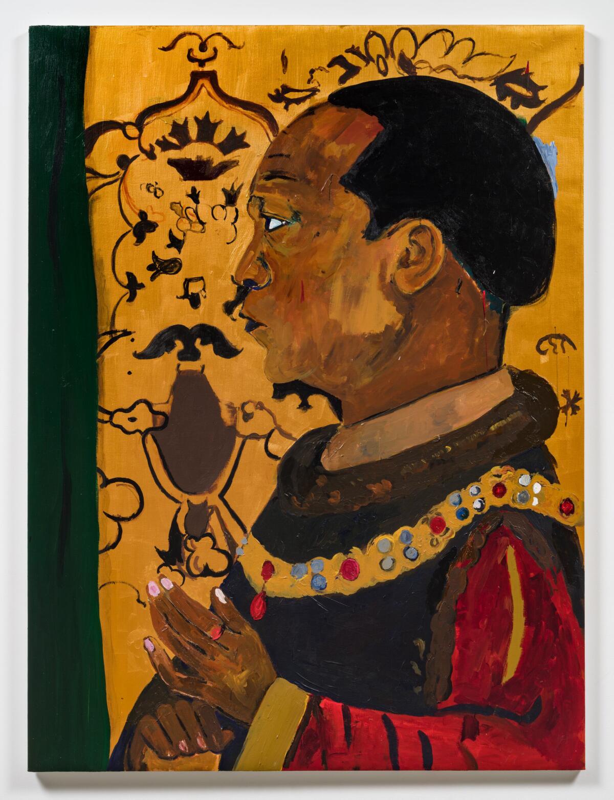 A vertical painting shows a Black man in profile wearing kingly robes against a golden background