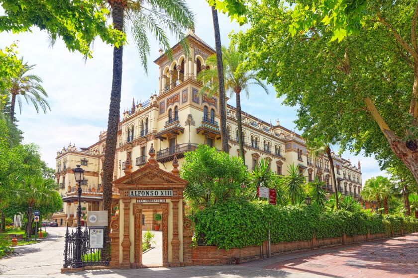 Seville, Spain - June 09, 2017:Commissioned by the King of Spain to play host to international dignitaries during the 1929 Exhibition, Hotel Alfonso XIII remains an iconic cultural landmark.
