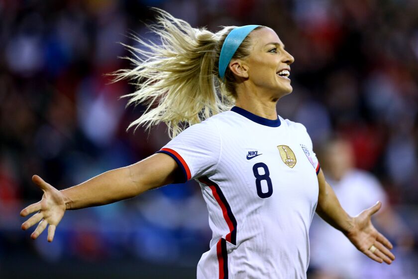 American Julie Ertz celebrates after scoring a goal against Spain at Red Bull Arena on March 08, 2020 