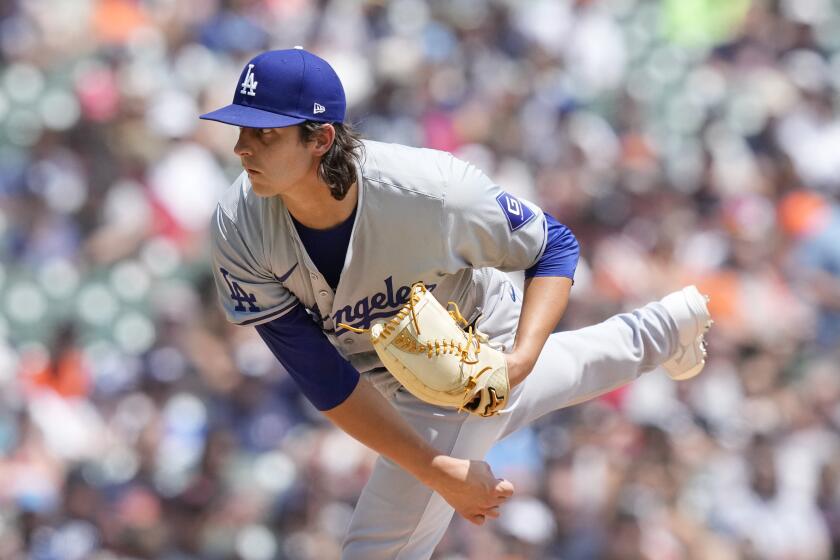 Los Angeles Dodgers starting pitcher Brent Honeywell throws during the first inning of a baseball game against the Detroit Tigers, Sunday, July 14, 2024, in Detroit. (AP Photo/Carlos Osorio)