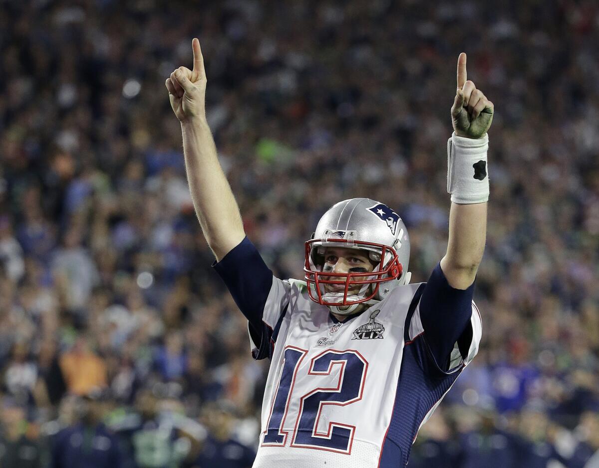 New England Patriots quarterback Tom Brady celebrates during the second half of Super Bowl XLIX against the Seattle Seahawks on Feb. 1.