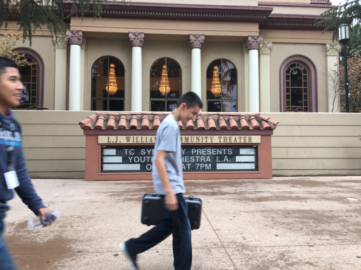 We arrive at L.J. Williams Community Theater in Visalia in the rain and head straight to our first rehearsal. Pictured: John Gonzalez and Jorge Avila.