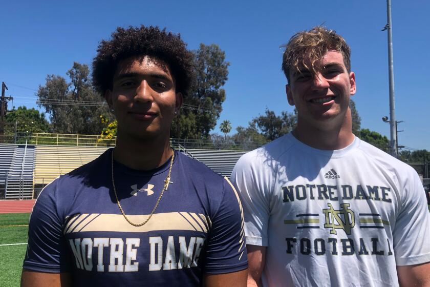Sherman Oaks Notre Dame juniors Anthony Spearman (left) and Jacob Moore figure to be standouts this fall.