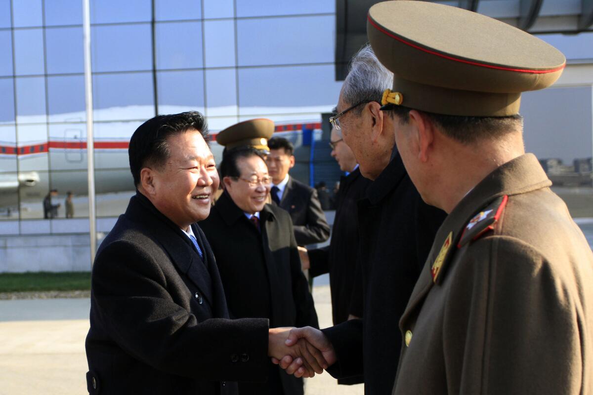 Choe Ryong Hae, left, a special envoy for North Korean leader Kim Jong Un, at a send-off from Pyongyang airport on Monday for a weeklong trip to Russia.