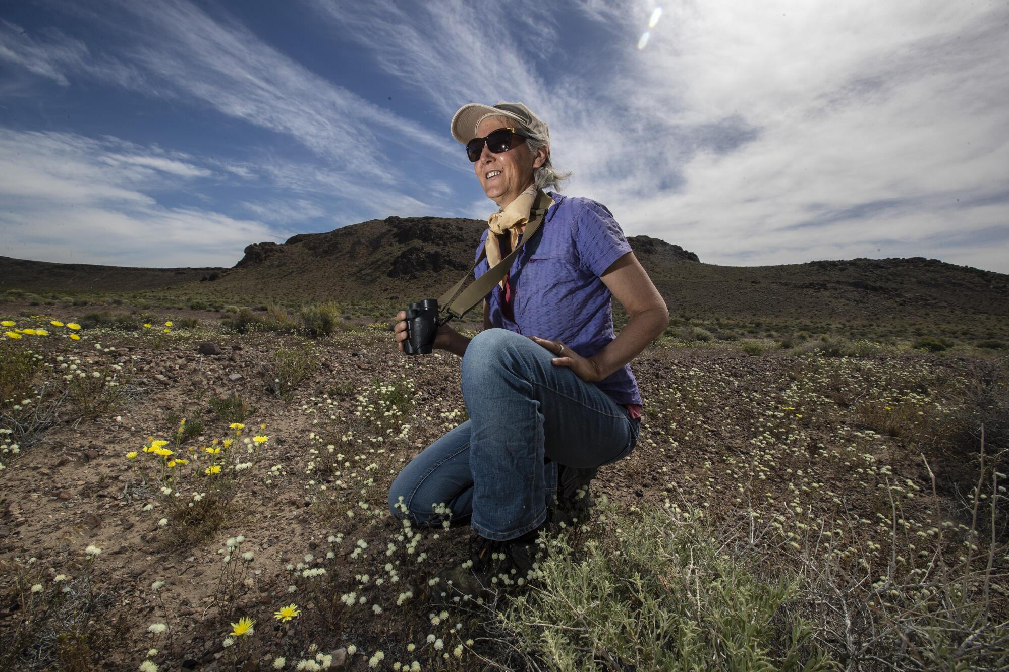 Laura Cunningham, California director of the nonprofit Western Watersheds Project, sits among wildflowers in the Mojave Desert near the town of Beatty, Nev.