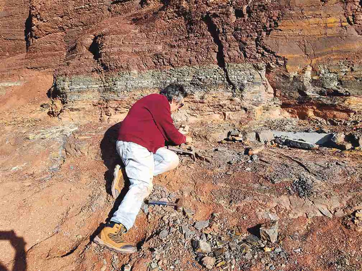 A man in a red top and light colored pants digs into rocks.