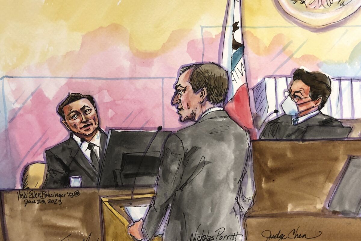 En este boceto de la corte se ve a Elon Musk, a la izquierda, con el abogado de los accionistas Nicholas Porritt