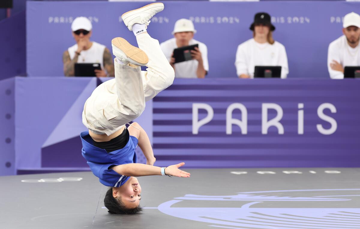 Liu “671” Qingyi, of China, competes in the breaking round robin competition at the 2024 Paris Olympics Friday. 