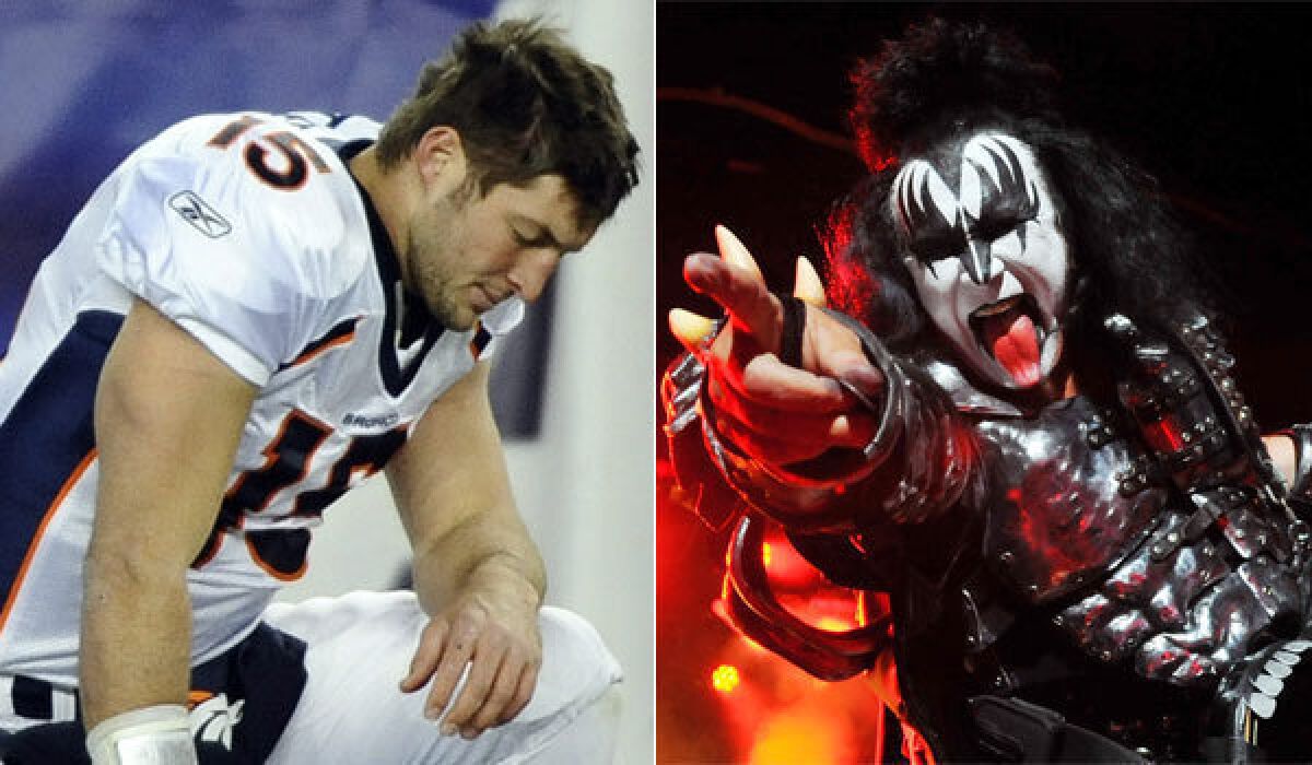 Recently cut NFL quarterback Tim Tebow, left, shown with the Denver Broncos in 2012, has been offered a contract by the Arena Football League's LA KISS, co-owned by Gene Simmons.