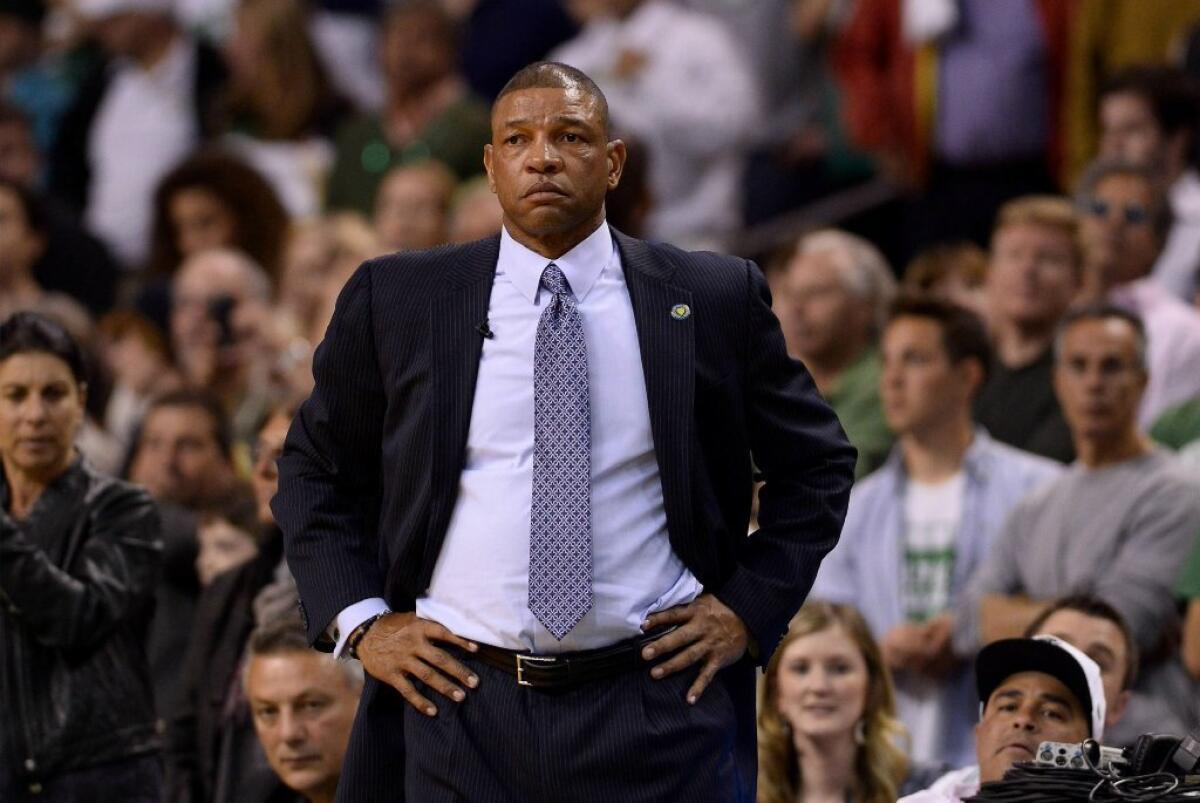 Doc Rivers coaches the Boston Celtics in a game against the New York Knicks