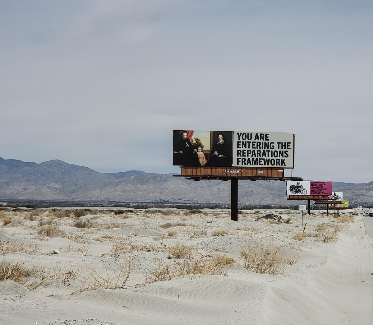 A billboard that says, "You are entering the reparations framework." 