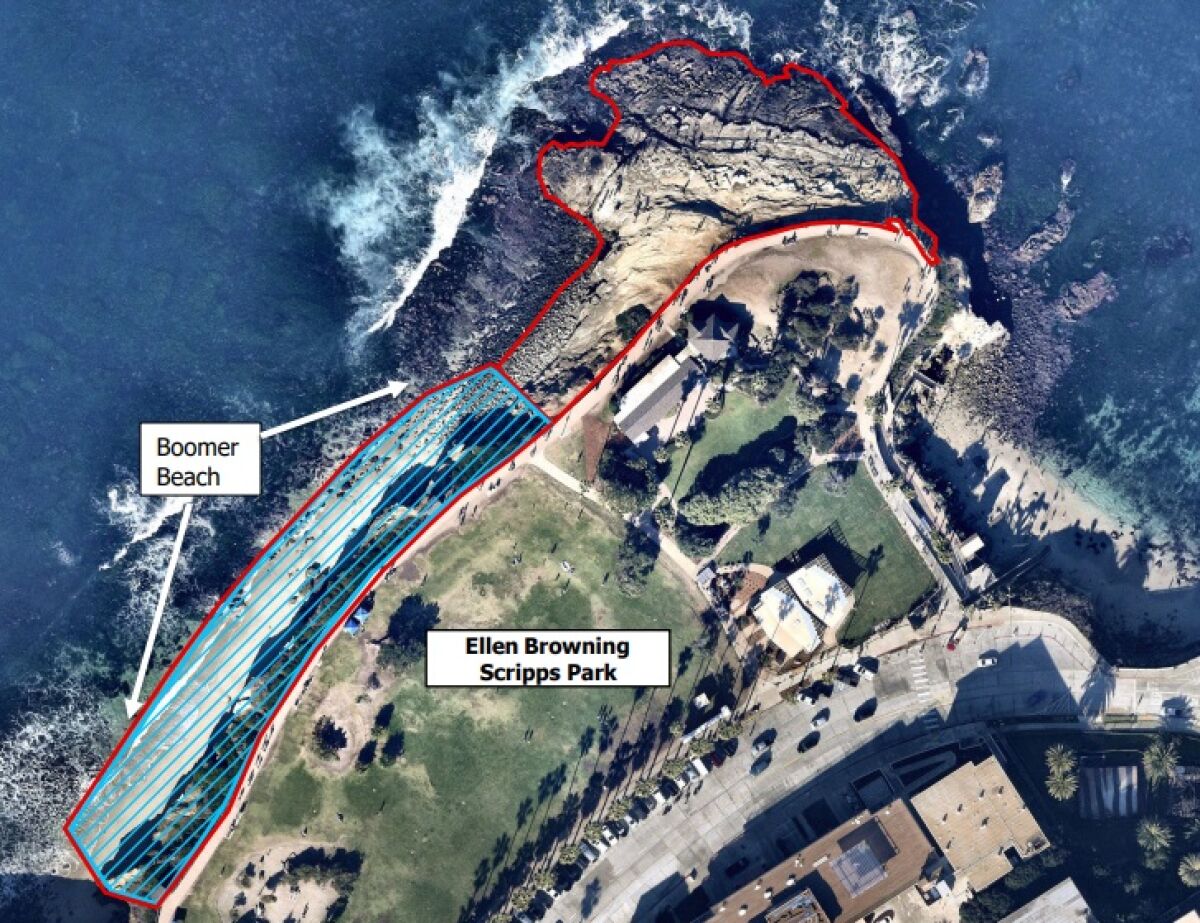 A map indicates the Point La Jolla closure area, with the blue area available for ocean access only via a makeshift path.